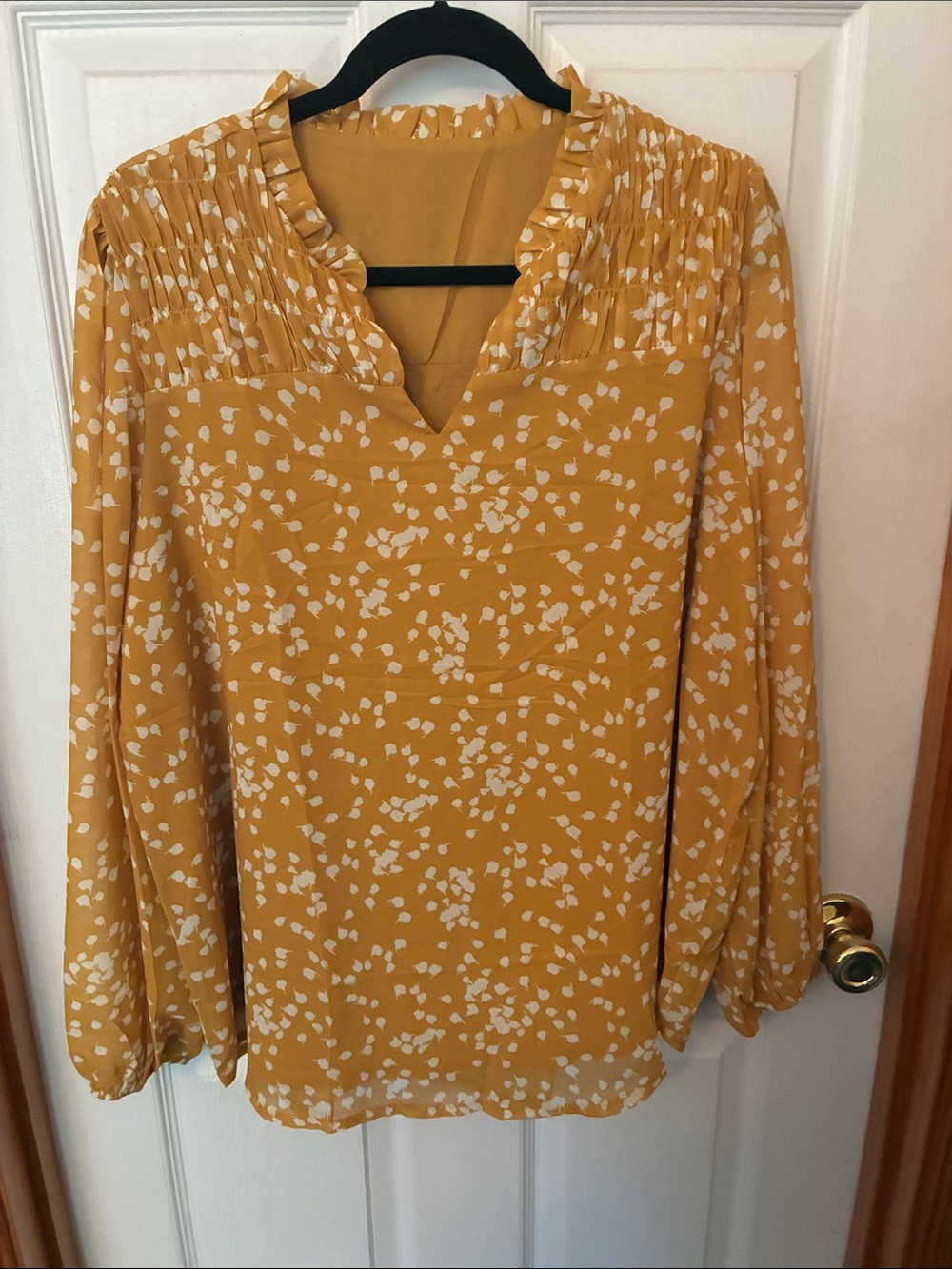Mustard Yellow Printed Long-Sleeve V-Neck Blouse